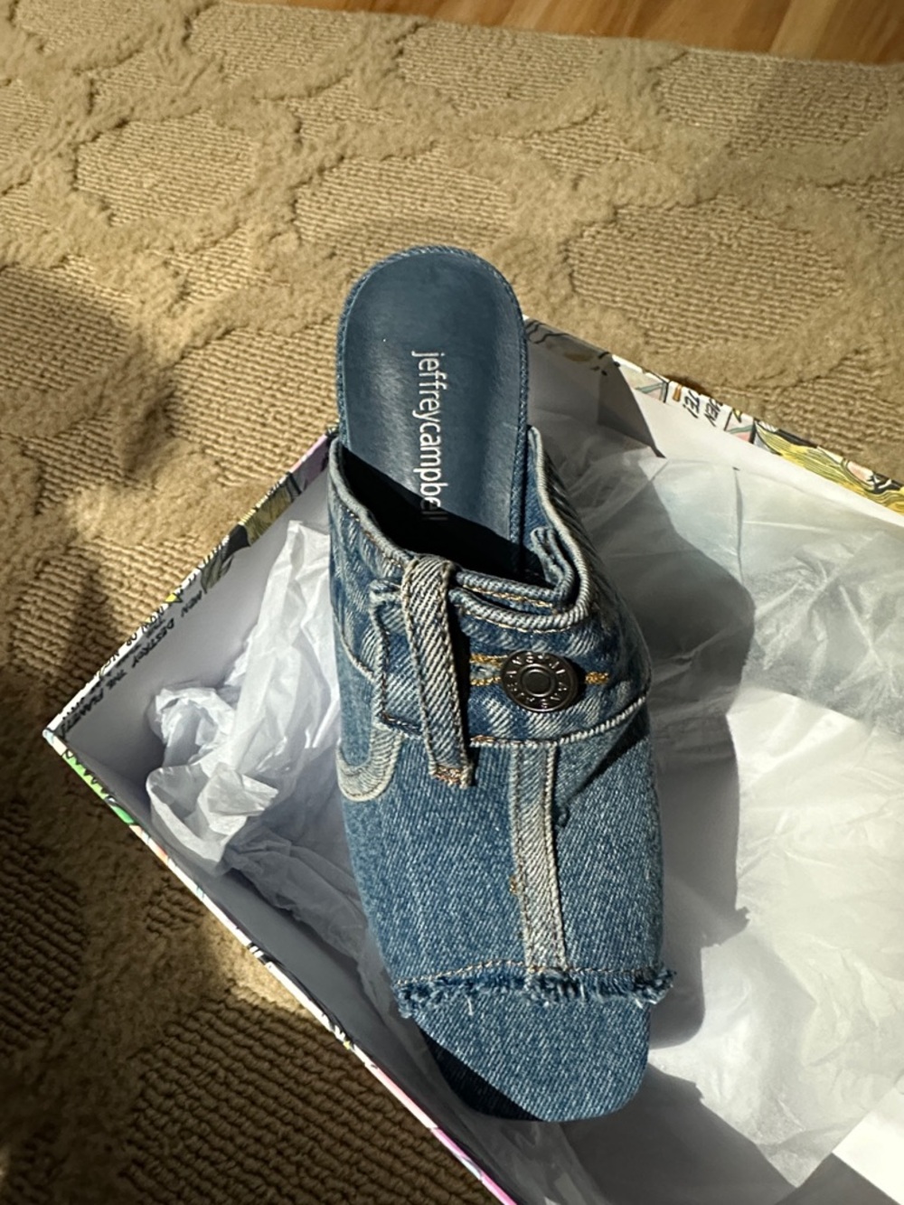 Jeffrey Campbell Denim Buckle Open-Toe Mule in Blue